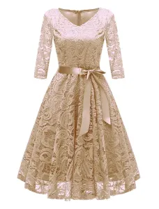Lace Vintage Dress V Neck Bows Solid Color Party Dress #474010