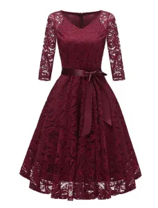 Lace Vintage Dress V Neck Bows Solid Color Party Dress #474011