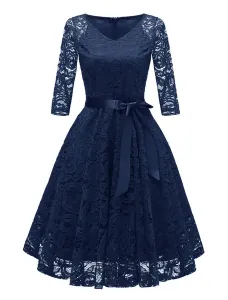 Lace Vintage Dress V Neck Bows Solid Color Party Dress #474012
