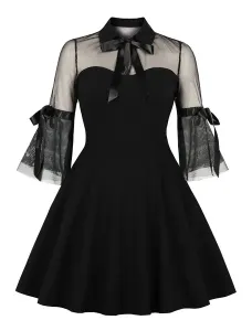 Little Black Dress Vintage Dress Half Sleeves Turndown Collar Lace Pleated Swing Retro Summer Dress #480310