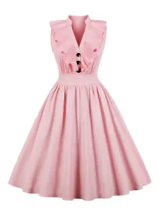 Pink Vintage Dress V Neck Ruffles Buttons Cotton Swing Summer Dress #472917