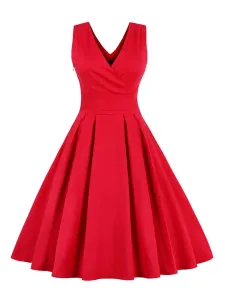 Pleated Vintage Dresses V-neck Sleeveless Criss-Cross Women's Retro Dress In Red/blue #462393