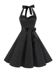 Polka Dot Vintage Dresses Halter Bows Backless Cotton Retro Pin Up Dress #472453
