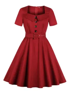 Red Vintage Dress 1950s Square Neck Short Sleeve Buttons Pleated Retro Dress #477901