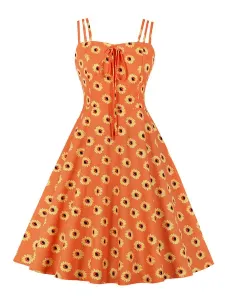 Vintage Dress 1950s Sleeveless Straps Neck Bows Knotted Sleeveless Floral Print Rockabilly Retro Swing Dress #507117