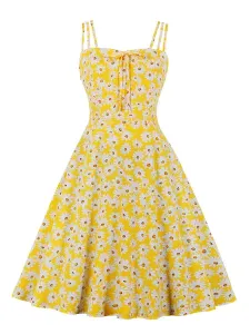 Vintage Dress 1950s Sleeveless Straps Neck Bows Knotted Sleeveless Floral Print Rockabilly Retro Swing Dress #507118