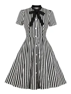 Vintage Dress 1950s Stripe Bow Tie Short Sleeves Women Swing Retro Dress #480933