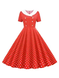 Vintage Dress 1950S V-Neck Pleated Layered Short Sleeves Woman Knee Length Polka Dot Swing Dress #499103