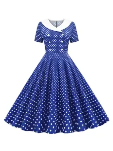 Vintage Dress 1950S V-Neck Pleated Layered Short Sleeves Woman Knee Length Polka Dot Swing Dress #499105