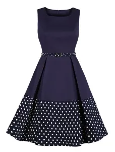 Vintage Party Dress With Pockets 1950s Balck Polka Dot Two Tone Sleeveless rockabilly Midi Retro Dress #481135