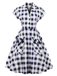 White Vintage Dresses V Neck Short Sleeve Checkered A Line Midi Dress For Women #468593