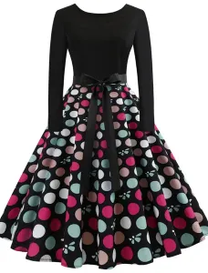 Women Vintage Dress 1950s Swing Dress Printed Long Sleeve Retro Dress #476245