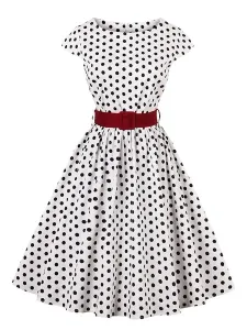 Women Vintage Dress Plus Size Polka Dot Cap Sleeve Pleated Cotton White Swing Dress With Belt #470663