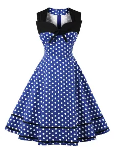 Women Vintage Dress Polka Dot Bows Sweetheart Sleeveless Swing Summer Dress #472476