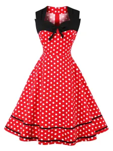 Women Vintage Dress Polka Dot Bows Sweetheart Sleeveless Swing Summer Dress