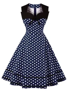 Women Vintage Dress Polka Dot Bows Sweetheart Sleeveless Swing Summer Dress