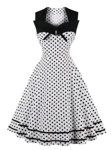 Women Vintage Dress Polka Dot Bows Sweetheart Sleeveless Swing Summer Dress #472479