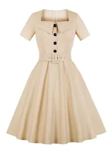 Women Vintage Dress Short Sleeve Cotton Square Neck Buttons Belt Apricot Summer Dress #473190