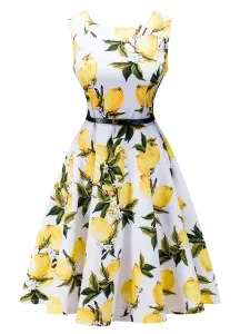 Women's Vintage Desss 1950s Peach Printed Sleeveless Flare Dress With Belt #465743