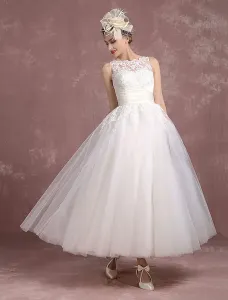 Vintage Wedding Dress Ivory Tulle Back Split Bateau Lace Illusion Neckline Ankle Length Princess Bridal Gown Free Customization #463987