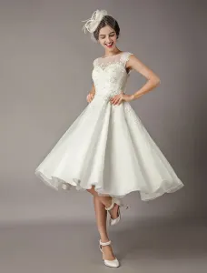 Vintage Wedding Dresses Short Lace Tulle Sequin Tea Length Ivory Bridal Dress Free Customization