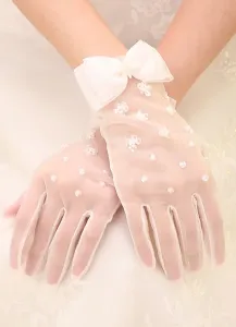 Ivory Wedding Gloves Short Tulle Fingertips Flowers Beaded Bridal Gloves With Bow