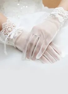Tulle Wedding Gloves White Short Fingertips Bridal Gloves With Lace Bow