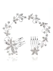 Silver Wedding Headpieces Double Comb Headband Rhinestones Beading Bridal Hair Accessories #466697