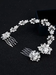Silver Wedding Headpieces Flower Double Comb Headband Rhinestones Beading Bridal Hair Accessories