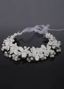 White Wedding Headpieces Flowers Pearls Rhinestone Beaded Lace Up Bridal Headband