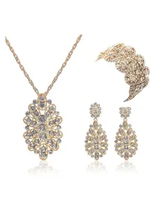 Bridal Jewelry Gold Rhinestone Floral Pendant Necklace With Dangle Earring And Wide Bracelet