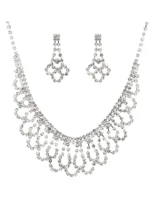Bridal Wedding Jewelry Set Silver Rhinestones Necklace With Pierced Earrings