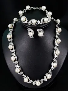 Pearls Wedding Jewelry Set Rhinestones Vintage Bridal Bracelet Earrings Necklace Set 3 Piece