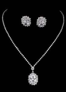 Vintage Wedding Jewelry Silver Bridal Necklace Set With Rhinestone Stud Earrings