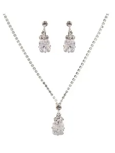 Wedding Jewelry Set Silver Rhinestones Pendant Necklace With Pierced Earrings