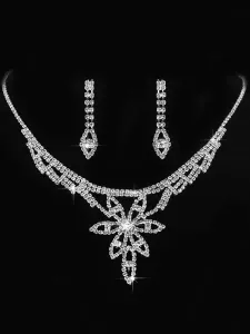 Wedding Necklace Set Silver Rhinestone Beading Tassels Dangle Earring Set Flower Bridal Jewelry