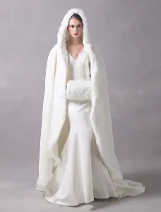 Faux Fur Jacket Wedding Long Bridal Cape Cloak Hooded Ivory Winter Wrap Coat