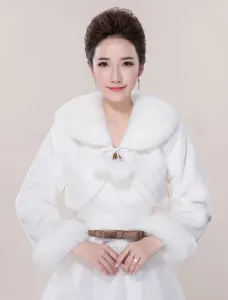 Ivory Wedding Jacket Women's Faux Fur Turndown Collar Long Sleeve Lace Up Wedding Shawl