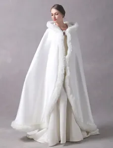 Satin Wedding Jacket Long Bridal Cape Cloak Fur Trim Ivory Hooded Ivory Winter Wrap Coat