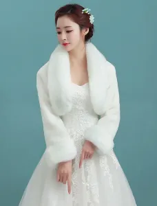 Wedding Bolero Jacket Ivory Collar Long Sleeve Faux Fur Bridal Winter Shawl