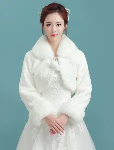 Wedding Bolero Jacket Ivory Turndown Collar Long Sleeve Bridal Winter Faux Fur Stole With Pom Poms