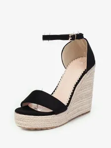 Black Espadrilles Women's Wedge Sandals Platform Heels Sandals Open Toe Buckle Detail Ankle Strap Shoes #497191