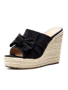 Black Wedge Sandals Open Toe Bow Backless platform heels Slippers #497465