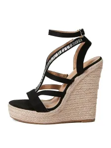 Women Summer Sandals Rhinestones Micro Suede Upper Wedge Heel Ankle Strap Sandals #653070