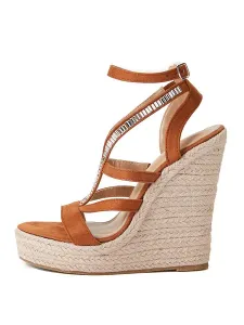 Women Summer Sandals Rhinestones Micro Suede Upper Wedge Heel Ankle Strap Sandals #653078