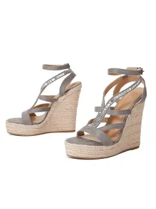 Women Summer Sandals Rhinestones Micro Suede Upper Wedge Heel Ankle Strap Sandals #653086