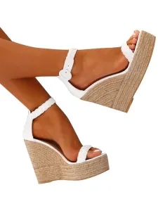 Women's White Wedge Sandals Women Platform Open Toe Buckle Detail Espadrille Sandals #480879