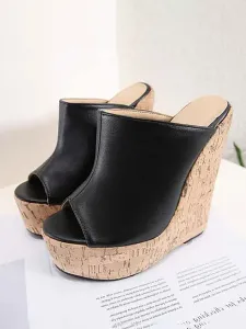Sandal Slippers Wedge Black Open Toe Sandal Slides Womens Mules #499985