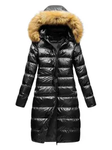 Women Jacket Black Puffer Coat Faux Fur Hooded Winter Outerwear #497777