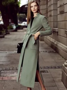 Women Coat Brown Sash Wrap Coat Split Winter Outerwear #468185